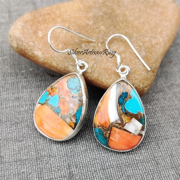 Oyster Copper Turquoise Earring, 925 Sterling Silver ,Boho Earring, Dangle Earring,Bridesmaid Gift, Multi Color Stone Earring, Free Shipping