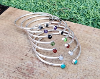 Set of 7 Bangles, Moonstone Bangles, 925 Sterling Silver Stacking Bangles For Women, Amazing Unique Designer Bangles, Silver Boho Bangles