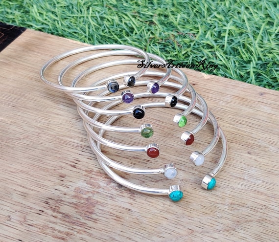 Set of 7 Bangles, Moonstone Bangles, 925 Sterling Silver Stacking Bangles For Women, Amazing Unique Designer Bangles, Silver Boho Bangles
