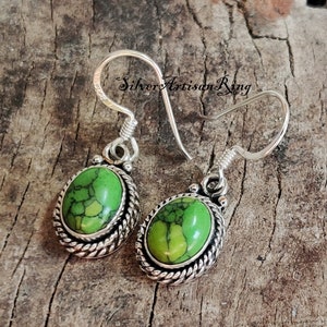 Green Copper Turquoise Earring , 925 Sterling Silver Earring ,Gemstone Earring , Handmade Earring ,Dangle Earring ,Woman Earring,Oval Stone