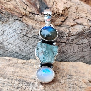 Labradorite Pendant~925 Sterling Silver Pendant~Raw Aquamarian Pendant~Neck Pendant~Moonstone Pendant~Unique Pendant~ Gorgeous Pendant
