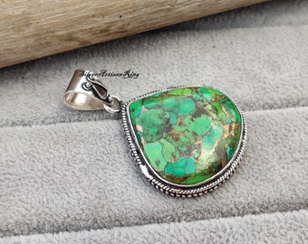 Green Copper Turquoise Gemstone Pendant ,925 Sterling Silver ,Handmade Jewelry ,Pendant For Gift Healing Stone Amazing Pendant