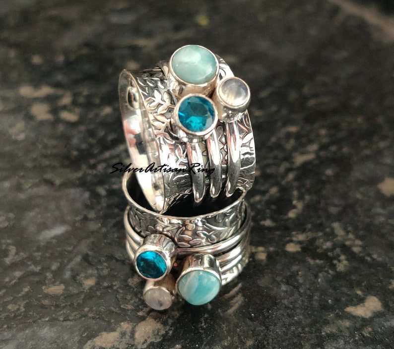 Larimar Spinner Ring, 925 Sterling Silver Ring, Fidget Ring, Worry Ring, Designer Ring ,Moonstone Ring ,Handmade Ring, Blue Topaz Ring image 4