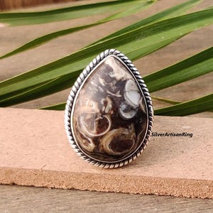 Natural Turritella Agate Ring, 925 Sterling Silver, Pear Turritella Ring, Gemstone Ring, Handmade Ring, Boho Jewelry, Gift for Birthday