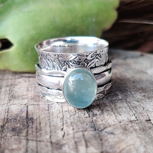 Natural Aquamarine Ring , Spinner Ring , Gemstone Ring , 925 Sterling Silver Ring , Designer Ring , Boho Ring , Gift for Women Ring ***