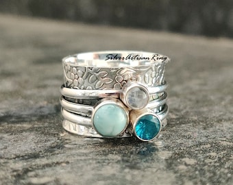 Larimar Spinner Ring, 925 Sterling Silver Ring, Fidget Ring, Worry Ring, Designer Ring ,Moonstone Ring ,Handmade Ring, Blue Topaz Ring *