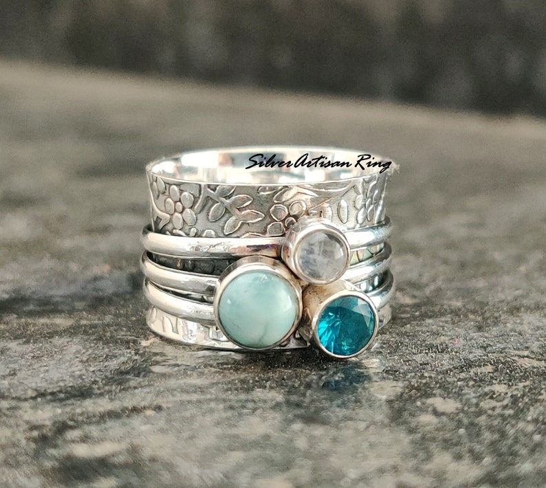 Larimar Spinner Ring, 925 Sterling Silver Ring, Fidget Ring, Worry Ring, Designer Ring ,Moonstone Ring ,Handmade Ring, Blue Topaz Ring image 9