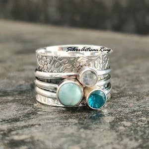 Larimar Spinner Ring, 925 Sterling Silver Ring, Fidget Ring, Worry Ring, Designer Ring ,Moonstone Ring ,Handmade Ring, Blue Topaz Ring image 5