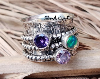 Amethyst Ring, Spinner Ring, 925 Sterling Silver Ring, Gemstone Ring, Opal Ring, Three Stone Ring, Designer Ring, Rose Quartz Ring
