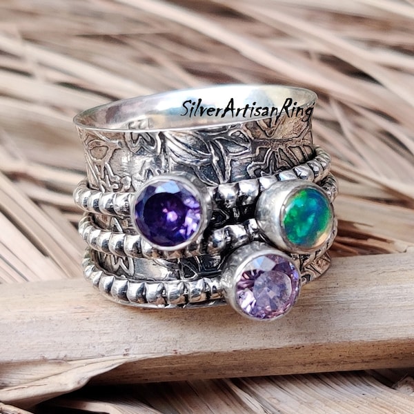 Amethyst Ring, Spinner Ring, 925 Sterling Silver Ring, Gemstone Ring, Opal Ring, Three Stone Ring, Designer Ring, Rose Quartz Ring