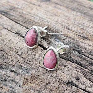 Rhodonite Silver Earring, 925 Sterling Silver, Natural Pink Rhodonite Gemstone, Teardrop Drop Earring, Women Jewelry Gift
