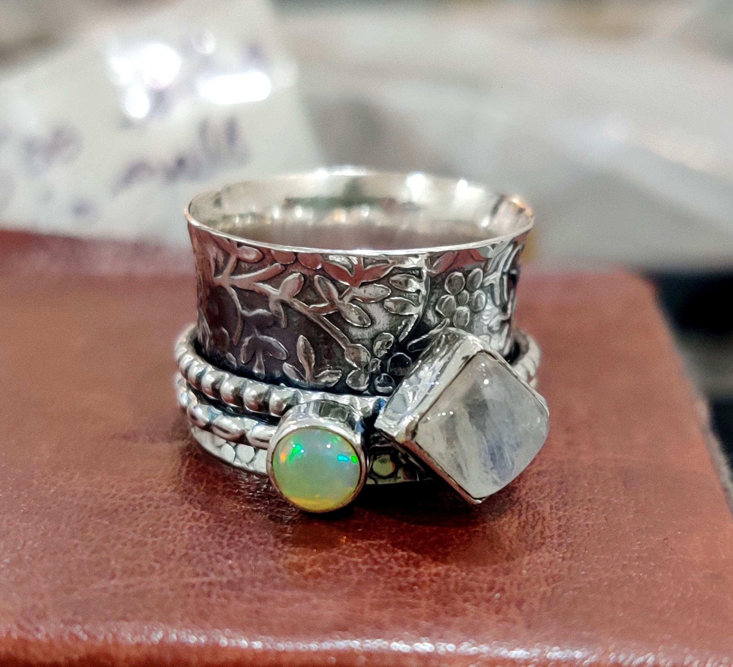 +++++++ Natural Opal Spinner Ring 925 Sterling Silver Ring Meditation Ring Handmade Ring Statement Ring Brass Ring Silver Jewelry