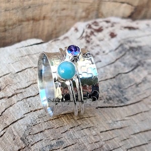 Larimar & Amethyst Ring-Spinner Ring-925 Sterling Silver Ring- Designer Ring-Meditation Ring-Worry Ring-SilverJewelry- Handmade Ring