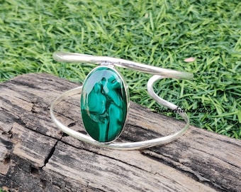 Stunning Malachite Bangle, 925 Sterling Silver Bangle, Malachite Oval Bangle, Gemstone Bangle, Handcrafted Bangle, Christmas Gift