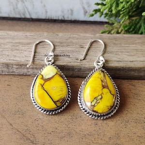 May include: A pair of silver teardrop earrings with vibrant yellow and brown stone inlays. The stones are set in a silver frame with a twisted rope design. The earrings have a hook closure.