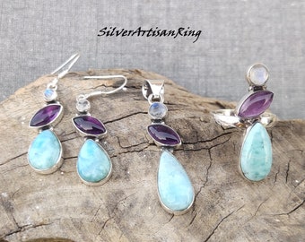 Larimar sieradenset * 925 sterling zilver * Handgemaakte set * Larimar oorbellen * Larimar ring * Larimar hanger * Prachtige sieraden met drie stenen
