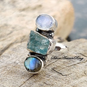 Raw Aquamarine Ring~ 925 Sterling Silver Ring ~ Handmade Ring ~ Unique Ring ~ Girls Ring ~ Labradorite & Moonstone Ring ~ Natural Gemstone