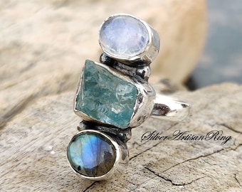 Raw Aquamarine Ring~ 925 Sterling Silver Ring ~ Handmade Ring ~ Unique Ring ~ Girls Ring ~ Labradorite & Moonstone Ring ~ Natural Gemstone