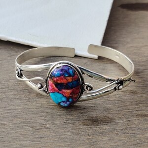 Pink Oyster Copper Turquoise Bangle, 925 Sterling Silver, Natural Turquoise, Women Bangle, Silver Jewelry, Gift for her, Wedding Jewelry