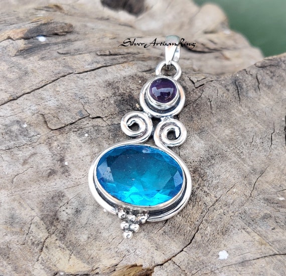 Blue Topaz Pendant~925 Solid Sterling Silver Pendant~ Amethyst Pendant ~ Cut Blue Topaz Stone Pendant~Charming Pendant~Marvellous Pendant