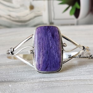 Natural Charoite Bangle, Vintage Style Adjustable Handmade Bangle, 925 Sterling Silver, Wonderful Bangle, Free Shipping, Gift for her