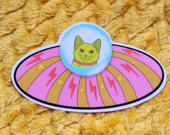 Funny cat sticker ufo alien cats sticker hilarious glossy waterproof hydroflask journal planner scene kidmeme