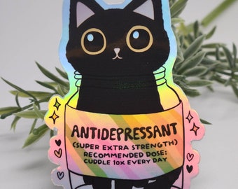 Funny cat sticker anti depressants  glossy waterproof hydroflask journal planner Mashup meme cat owner water bottle sticker