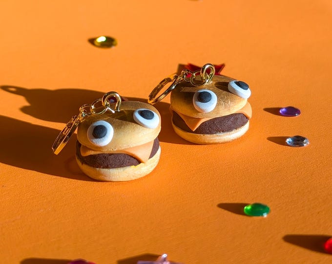 Vintage burger earrings kitschy food jewelry silver Huggies hand made clay earring holiday food festive accessories funny cute small hoop