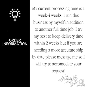 Puede incluir: Gr&aacute;fico en blanco y negro con las palabras "ORDER INFORMATION" y un icono de bombilla. El texto de la derecha indica que el tiempo de procesamiento es de 1 a 4 semanas y que se debe enviar un mensaje para una fecha de env&iacute;o m&aacute;s precisa.