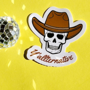 Y&#39;allternative funny tiktok alternative country goth joke country music western alt sticker waterproof pack glossy cowboy hat skull