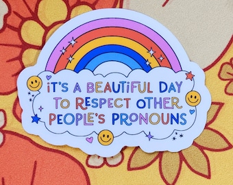 Pronouns sticker rainbow pride retro meme funny cute glossy waterproof smudgeproof gift hydroflask journal planner queer lgbtq