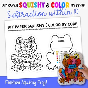 May include: A DIY paper squishy and color by code worksheet featuring subtraction within 10 math problems. The page includes a frog outline with numbered sections, a color key, and a finished, colorful, plastic-covered frog squishy toy.