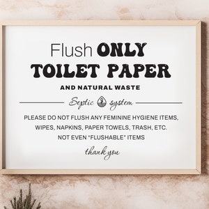 Flush Only Toilet Paper Septic System Sign Poster for guests, Print at Home, Do not flush bathroom decor for rent airbnb septic notice