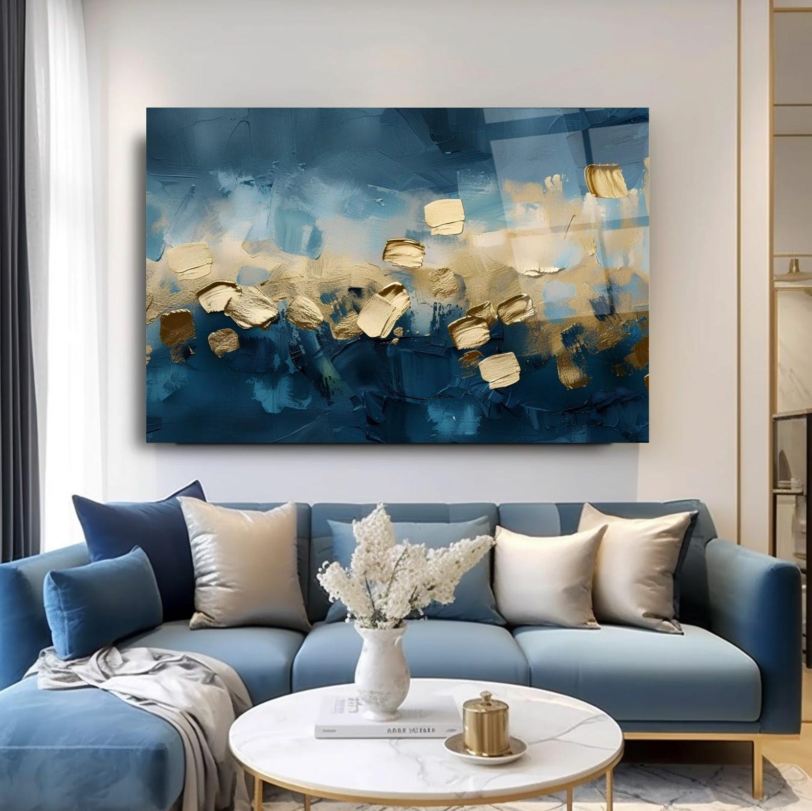 Abstract Blue and Gold Wall Art, Tempered Glass Print, Modern Luxury ...