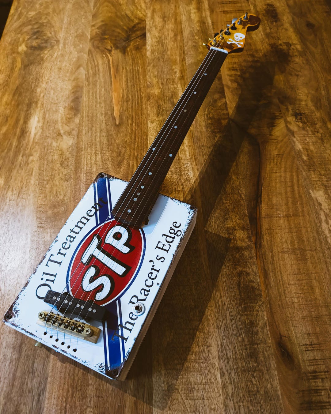 AVALAIBLE - STP Oil Cigar Box Guitar - White Relic Slide - Fretless ...