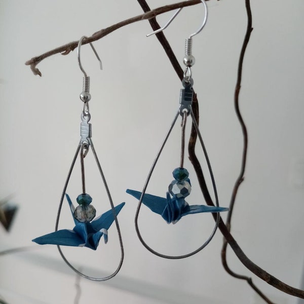 Boucles d'oreilles origami oiseau créoles argent