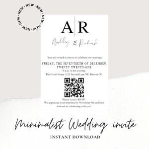 Può includere: Un invito di nozze minimalista con testo nero su sfondo bianco. L'invito presenta le iniziali della coppia "AR" e i loro nomi "Ashley & Richard". L'invito include la data e l'ora del matrimonio, la sede e un codice QR per RSVP.