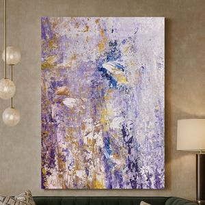 An abstract painting piece of art with a blend of colors purples, pinks, and yellows, vibrant abstract art, framed wall art, Wall Hanging
