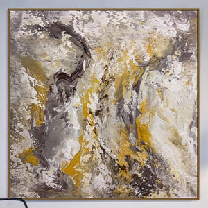 Large Abstract Texture Painting On Canvas: Black, White, and Gold