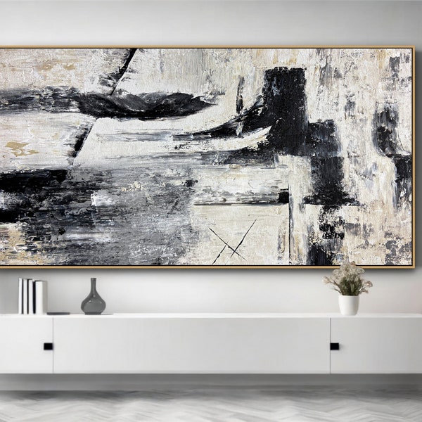 Minimalist Artwork On Canvas Black And White Wall Art Texture Painting, Abstract Minimalist Wall Art Black And White Painting