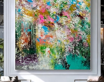 Dipinto astratto ispirato ai fiori su tela, decorazione murale multicolore con texture verde e rosa per un arredamento moderno, dipinto a olio originale