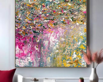 Pintura abstracta de paisaje texturizado verde y rosa, arte moderno al óleo sobre lienzo para decoración de pared de dormitorio, obra de arte grande hecha a mano.