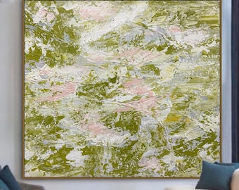 Textured Mountain Canvas Art: Green White Abstract Painting