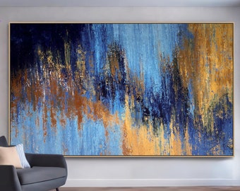 Strukturierte Blau Und Gold Wand Kunst Abstrakte Originale Gemälde Auf Leinwand, Große Blaue Gold Kunst Auf Leinwand Original Gemälde