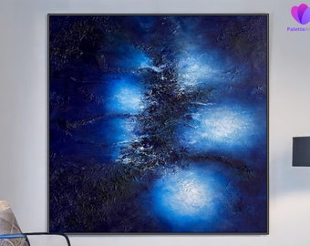 Blue Textured Wall Art Abstract Painting On Canvas For Bedroom Wall, Big Abstract Textured Art On Canvas Blue Painting