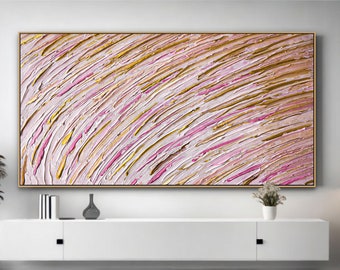 Gold Pink And White Rain Drip Abstract Art On Canvas Abstract Painting, Gold Pink And White Texture Rain Drip Painting On Canvas