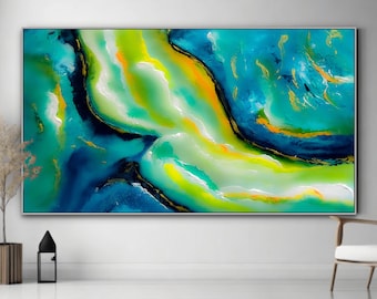 Large Blue And Yellow Wall Art Abstract River Water Flow Painting On Canvas, Big River Water Abstract Flow Blue And Yellow Painting