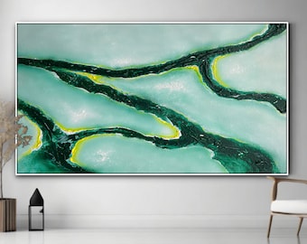 Extra Large Green Artwork On Canvas For Wall Decoration Abstract Textured Painting, Oversized Texture Wall Art Green Painting On Canvas