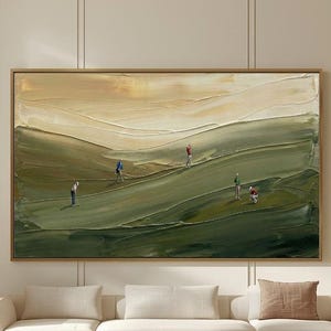 Textured abstract golf painting with green palette knife landscape and modern sports art style.