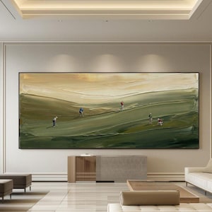 Modern golf abstract artwork with thick impasto texture and palette knife details in green tones.